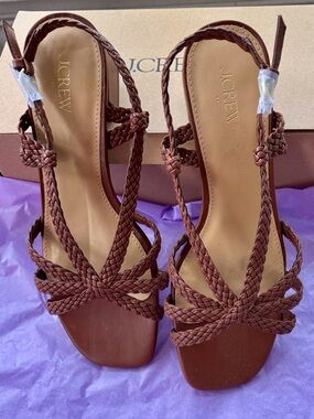 NWT J Crew Braided Strappy Block Heel Sandals - Brown